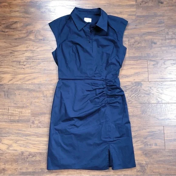 MILLY • Maxwell Ruched Poplin Shirtdress navy cap sleeve sheath dress fitted